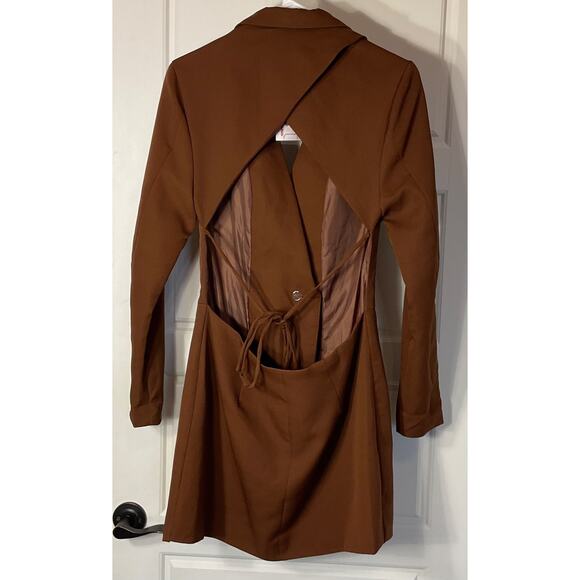 Molly Green Brown Open Cut Out Back Long Sleeve Fitted VNeck Tuxedo Jacket M - Picture 3 of 9